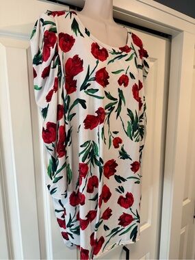 Piphany red rose floral puff sleeve tunic top shirt 2X